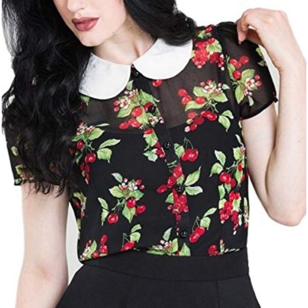 Hell Bunny Cherie Sheer Retro cherry Blouse